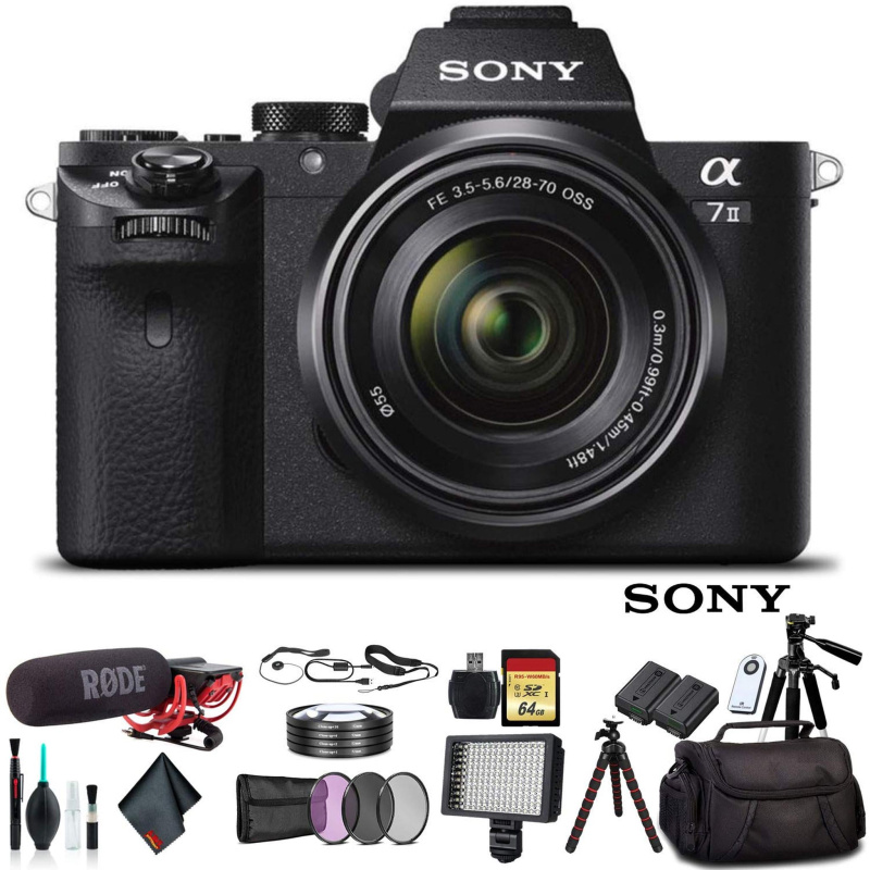 Sony Alpha a7 II Mirrorless Camera with FE 28-70mm f/3.5-5.6 OSS Lens ILCE7M2K/B With Bag, Additional Battery, Rode Mic, LED Light, 64GB Memory Card,