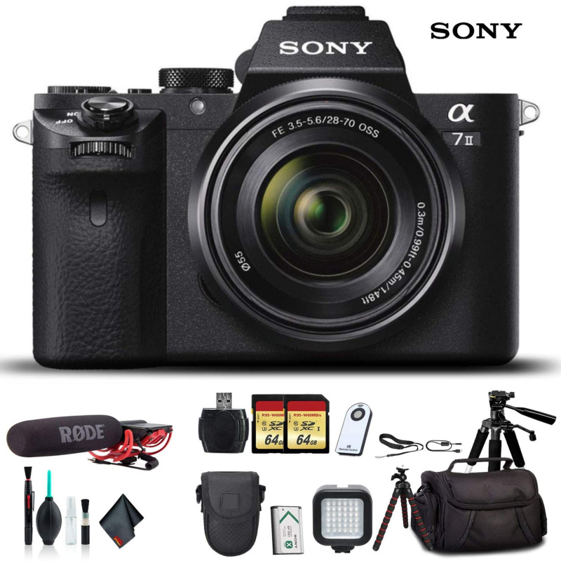 Sony Alpha a7 II Mirrorless Camera with FE 28-70mm f/3.5-5.6 OSS Lens With Soft Bag, 2x Extra Batteries, Rode Mic, LED Light, HD Monitor, 2x 64GB Memo