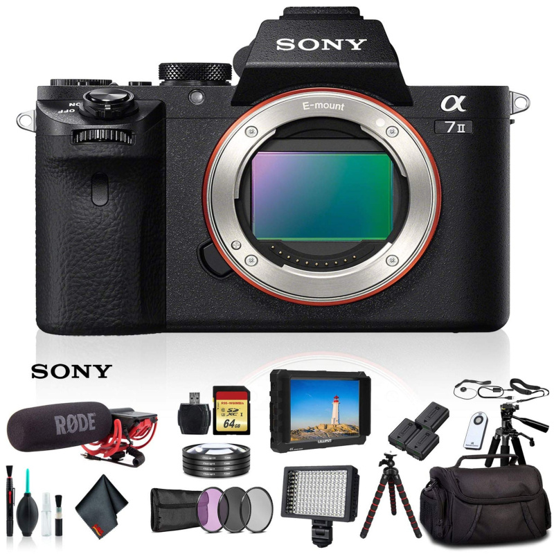 Sony Alpha a7 II Mirrorless Camera ILCE7M2/B With Soft Bag, 2x Extra Batteries, Rode Mic, LED Light, External HD Monitor, 2x 64GB Memory Card, Sling B