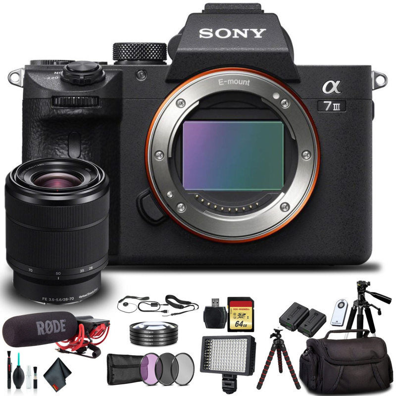 Sony Alpha a7 III Mirrorless Camera with 28-70mm Lens ILCE7M3K/B With Soft Bag, Additional Battery, Rode Mic, LED Light, 64GB Memory Card, Sling Soft