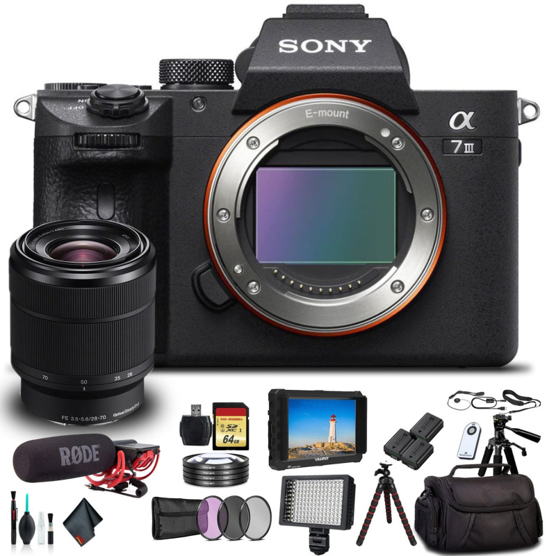 Sony Alpha a7 III Mirrorless Camera with 28-70mm Lens With Soft Bag, 2x Extra Batteries, Rode Mic, LED Light, External Monitor, 2x 64GB Memory Card, S