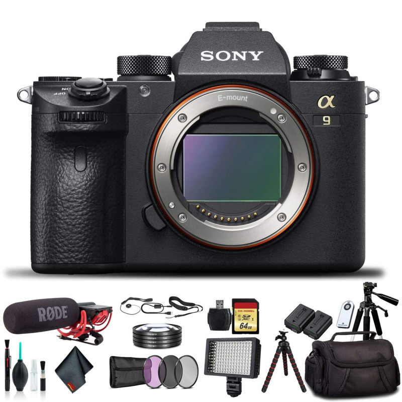 Sony Alpha a9 Mirrorless Camera ILCE9/B With Soft Bag, Tripod, Additional Battery, Rode Mic, LED Light, 64GB Memory Card, Sling Soft Bag, Card Reader