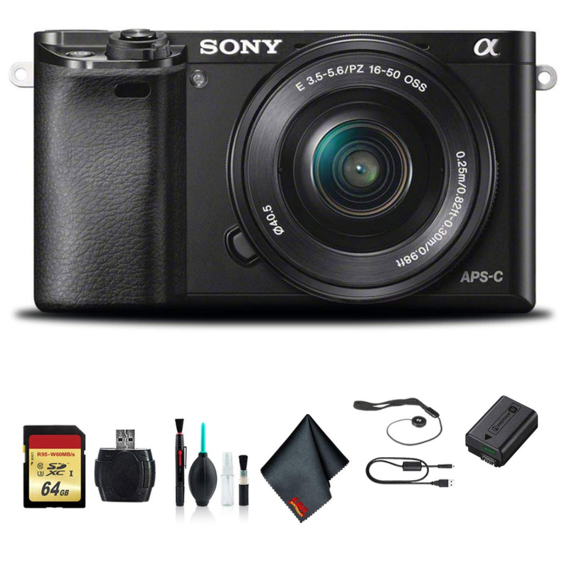 Sony Alpha a6000 Mirrorless Camera with 16-50mm and 55-210mm Lenses ILCE6000Y/B With Soft Bag, 64GB Memory Card, Card Reader , Plus Essential Accessor