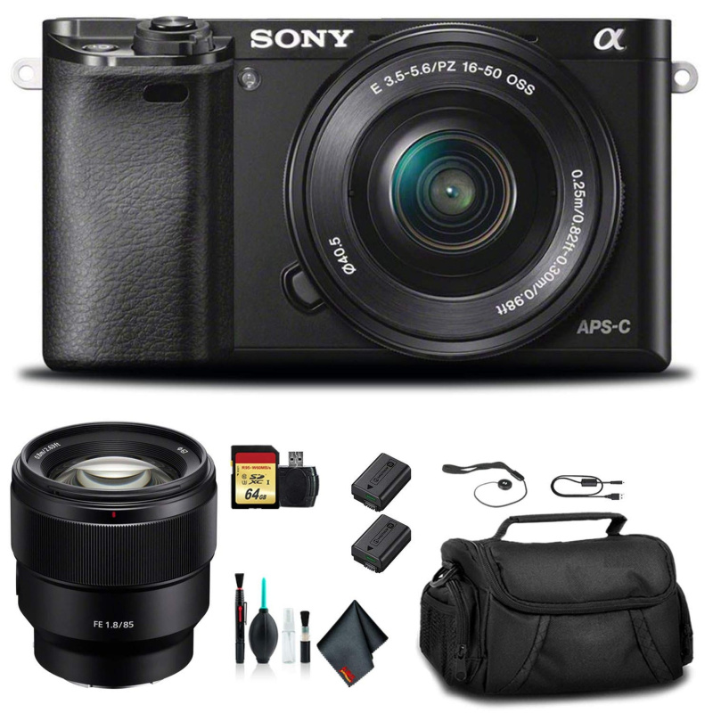 Sony Alpha a6000 Mirrorless Camera with 16-50mm and 55-210mm Lenses ILCE6000Y/B With Sony FE 85mm Lens, Soft Bag, Additional Battery, 64GB Memory Card