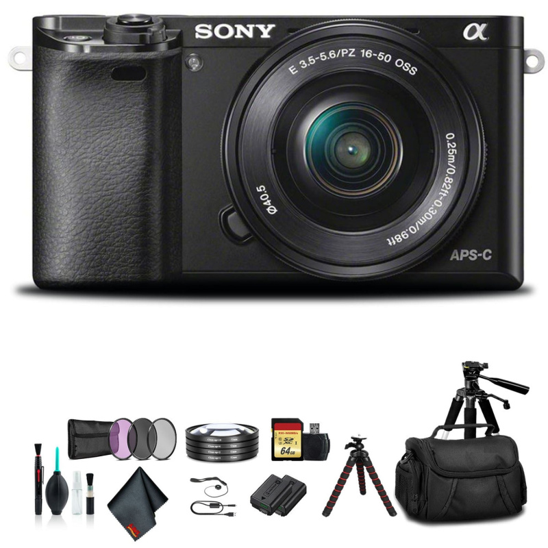 Sony Alpha a6000 Mirrorless Camera with 16-50mm Lens Black With Soft Bag, Additional Battery, 64GB Memory Card, Card Reader , Plus Essential Accessori