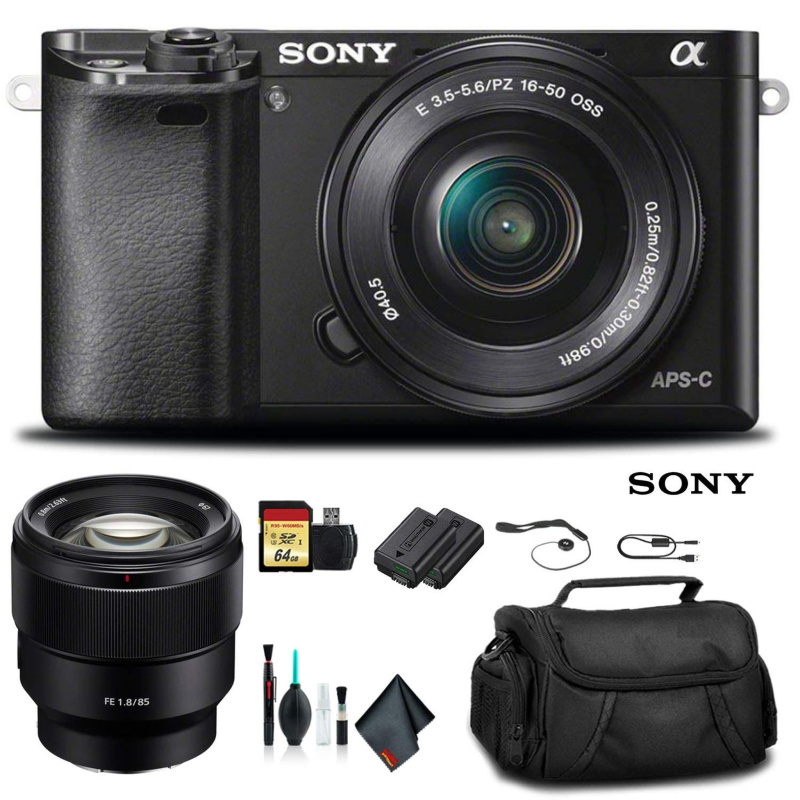 Sony Alpha a6000 Mirrorless Camera with 16-50mm Lens Black With Sony FE 85mm Lens, Soft Bag, Additional Battery, 64GB Memory Card, Card Reader , Plus