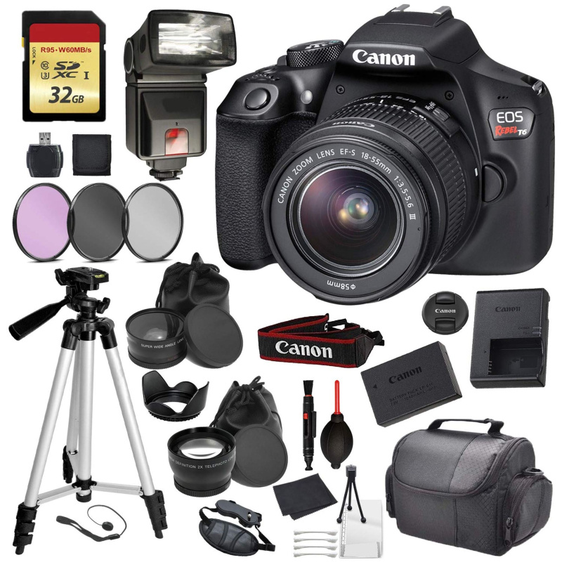 Canon EOS Rebel T6 Digital SLR Camera with EF-S 18-55mm f/3.5-5.6 DC III Lens Kit (Black) Professional Accessory Bundle (International Model)
