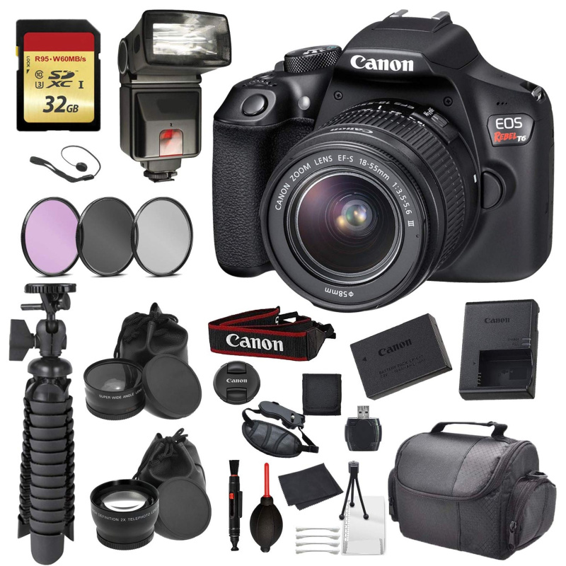 Canon EOS Rebel T6 Digital SLR Camera with EF-S 18-55mm f/3.5-5.6 DC III Lens Kit (Black) Essential Accessory Bundle Pac (International Model)