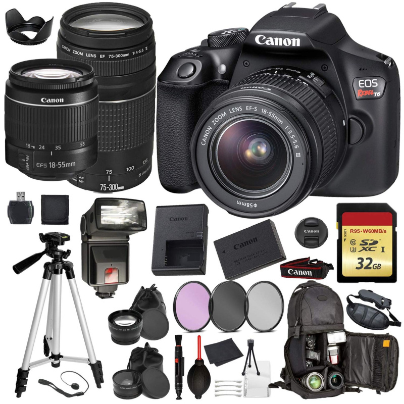 Canon EOS Rebel T6 Digital SLR Camera with EF-S 18-55mm + EF 75-300mm (Black) Professional Accessory Bundle Package Deal (International Model)