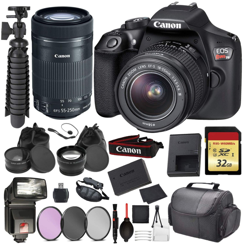 Canon EOS Rebel T6 Digital SLR Camera with EF-S 18-55mm + EF-S 55-250mm STM (Black) Essential Accessory Bundle Package D (International Model)