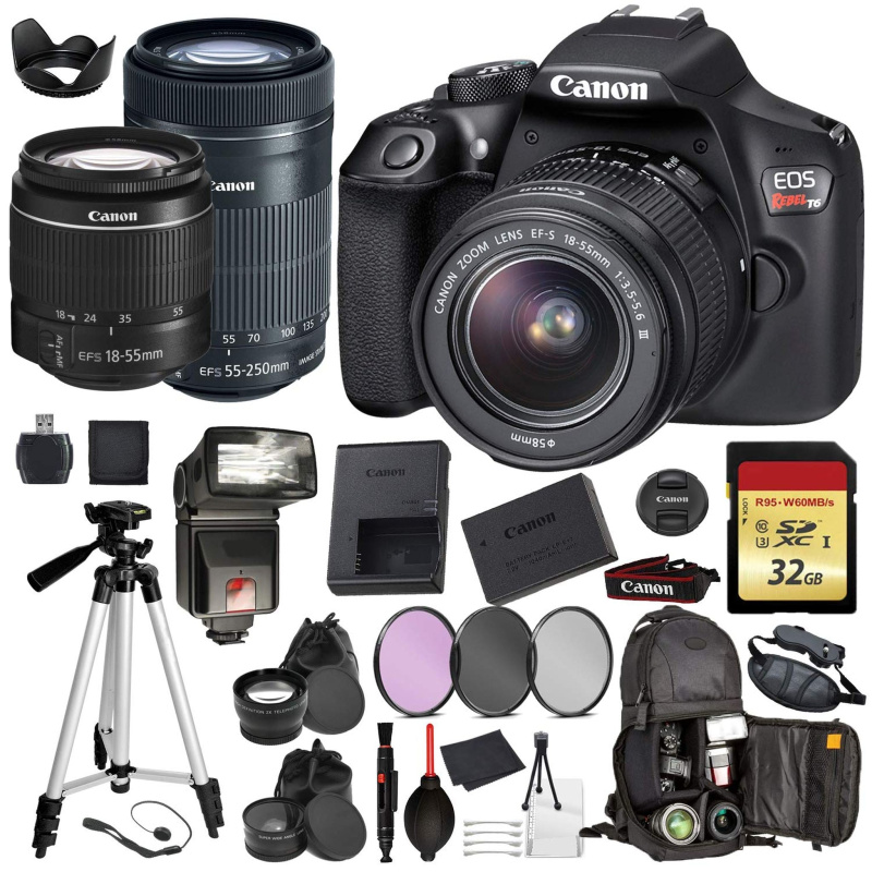Canon EOS Rebel T6 Digital SLR Camera with EF-S 18-55mm + EF-S 55-250mm STM (Black) Professional Accessory Bundle Packag (International Model)