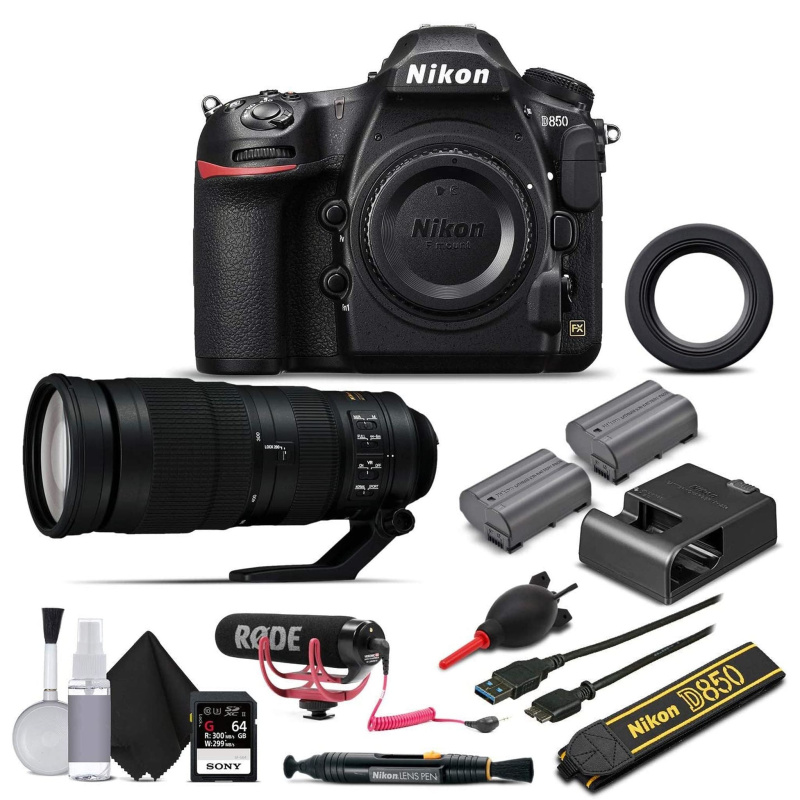 Nikon D850 Digital SLR Camera W/ Nikon AF-S FX NIKKOR 200-500mm f/5.6E ED Lens, 64GB Memory Card, Soft Bag, Rode Mic, Extra Battery, Plus 2 Year Warra