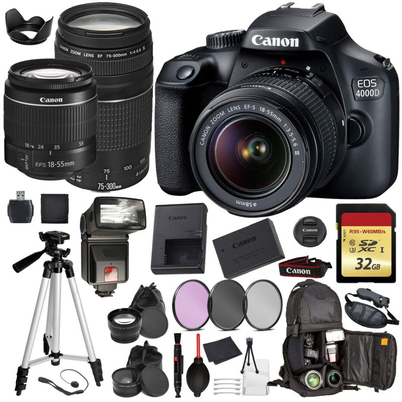 Canon EOS Rebel 4000D Digital SLR Camera with EF-S 18-55mm + EF 75-300mm (Black) Pro Accessory Bundle Package Deal Inclu (International Model)