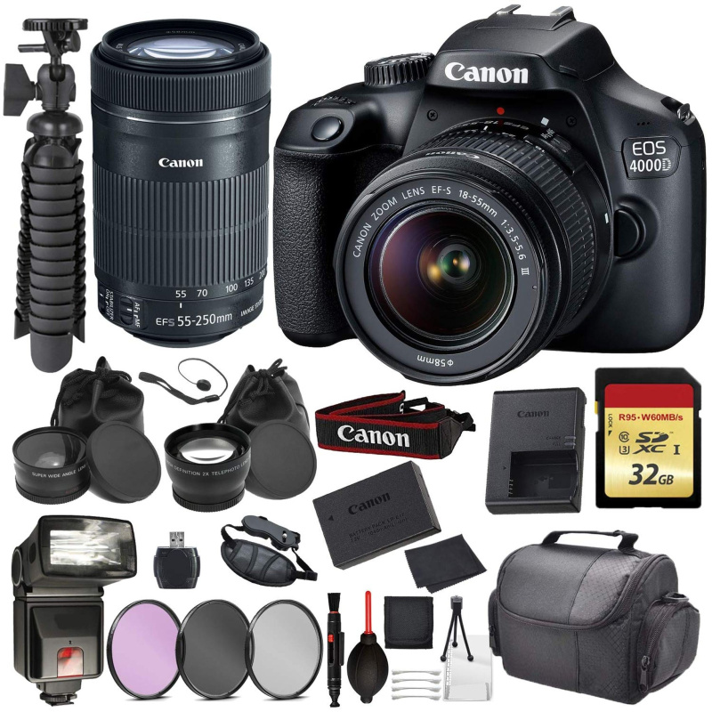 Canon EOS Rebel 4000D Digital SLR Camera with EF-S 18-55mm + EF-S 55-250mm STM (Black) Essential Accessory Bundle Packag (International Model)