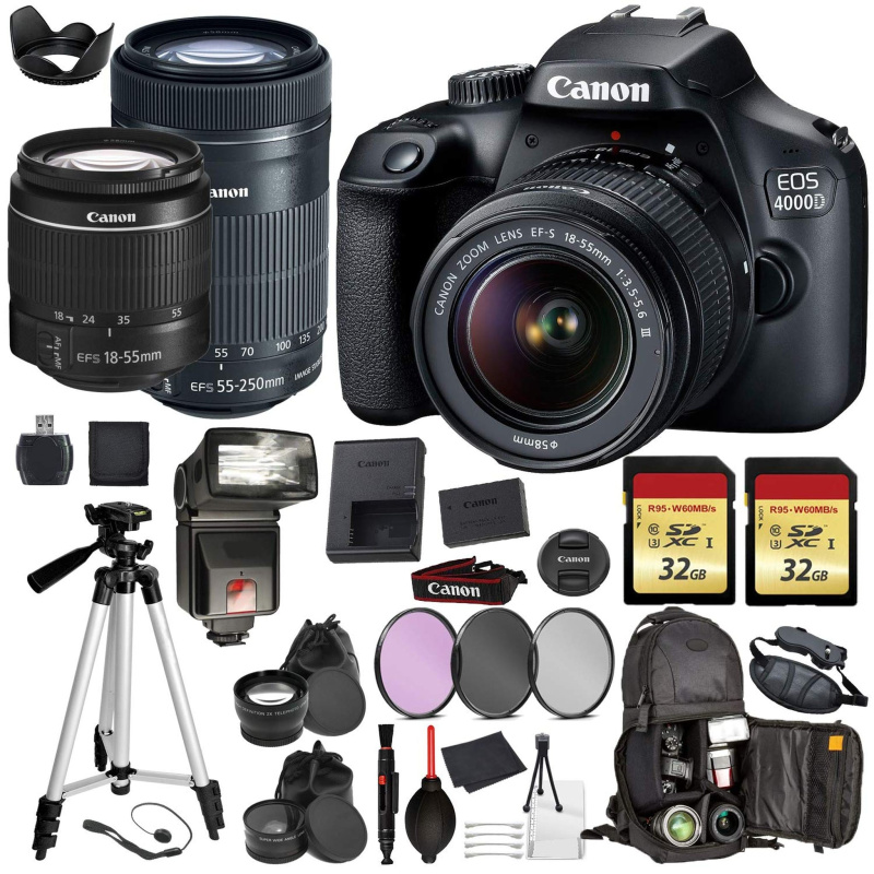 Canon EOS Rebel 4000d Digital SLR Camera with EF-S 18-55mm + EF-S 55-250mm STM (Black) Pro Accessory Bundle Package Deal (International Model)