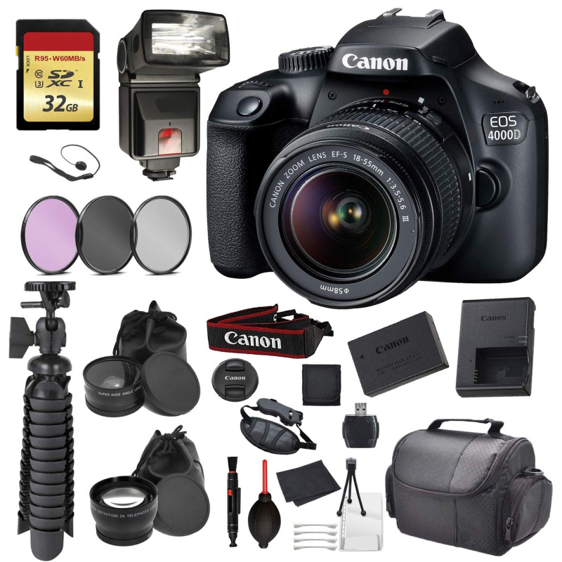 Canon EOS Rebel 4000D Digital SLR Camera with EF-S 18-55mm f/3.5-5.6 DC III Lens Kit (Rebel T100) Accessory Bundle Packa (International Model)