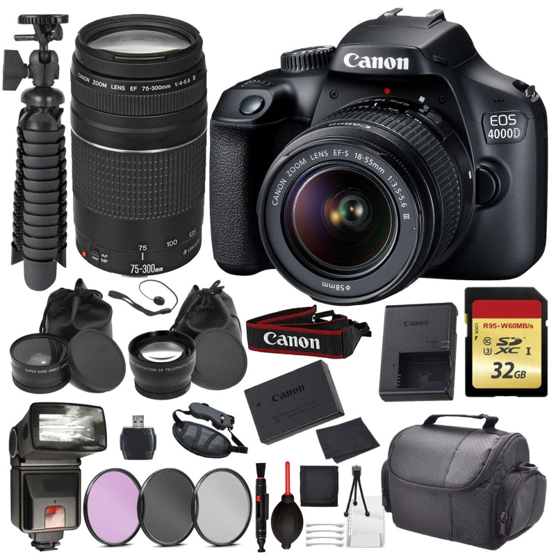 Canon EOS Rebel 4000D Digital SLR Camera with EF-S 18-55mm + EF 75-300mm (Black) Accessory Bundle Package Deal : 32gb SD (International Model)