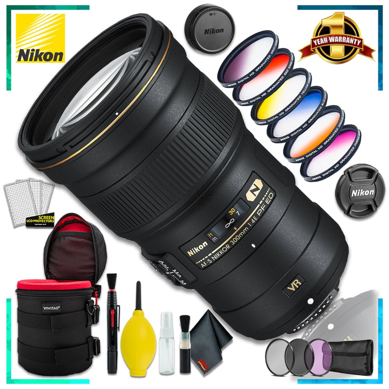 Nikon AF-S NIKKOR 300mm f4E PF ED VR Lens (Intl Model) + 6 Inch Vivitar Premium Lens Case + Vivitar Graduated Color Filter Set + 3pcs Lens Filter Kit