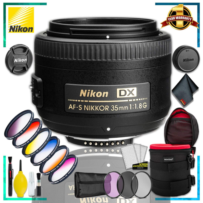 Nikon AF-S DX NIKKOR 35mm f/1.8G Lens + 4.5 inch Vivitar Premium Lens Case + Vivitar Graduated Color Filter Kit + 3pcs UV Lens Filter Kit + Cleaning K