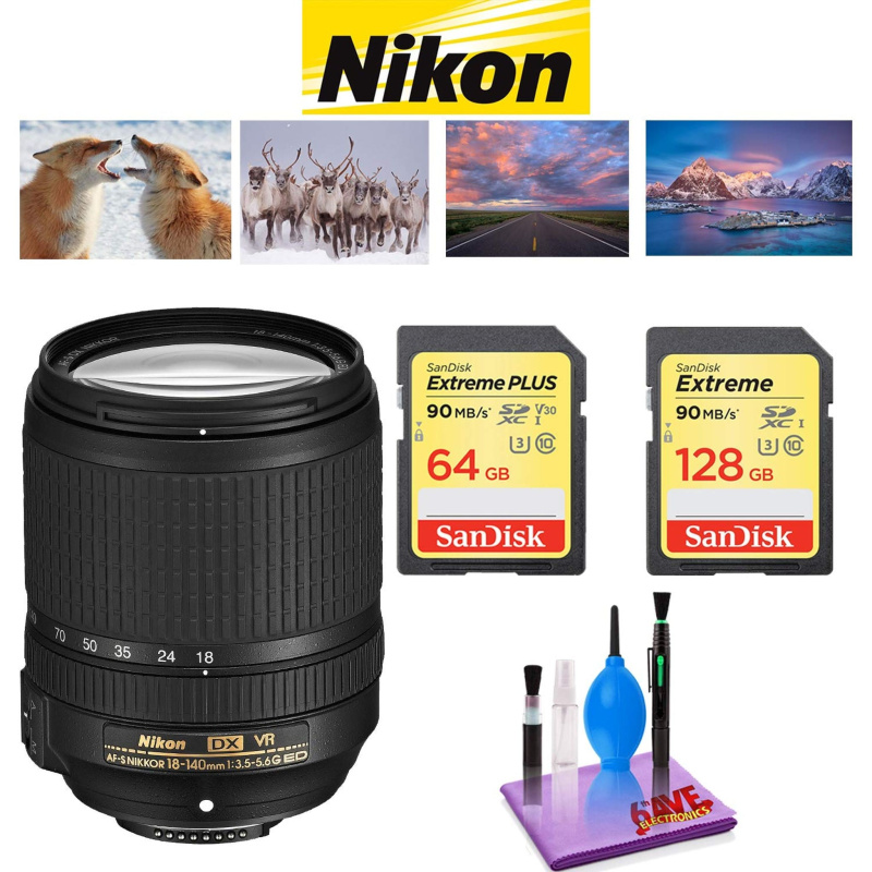 NIKON 18-140MM F/3.5-5.6G ED AF-S DX VR Lens with Sandisk 64GB and 128GB Extreme Memory Card SDXCUHS-I