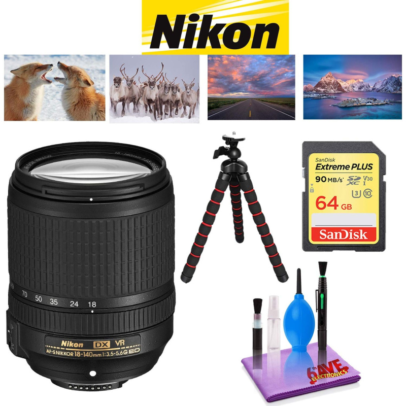NIKON 18-140MM F/3.5-5.6G ED AF-S DX VR Lens with Sandisk 64 GB Memory Card, Deluxe Backpack for Camera + Video and 12 i