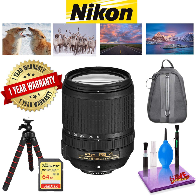 NIKON 18-140MM F/3.5-5.6G ED AF-S DX VR Lens with 1 Year Warranty, Sandisk 64 GB Memory Card, Deluxe Backpack for Camera