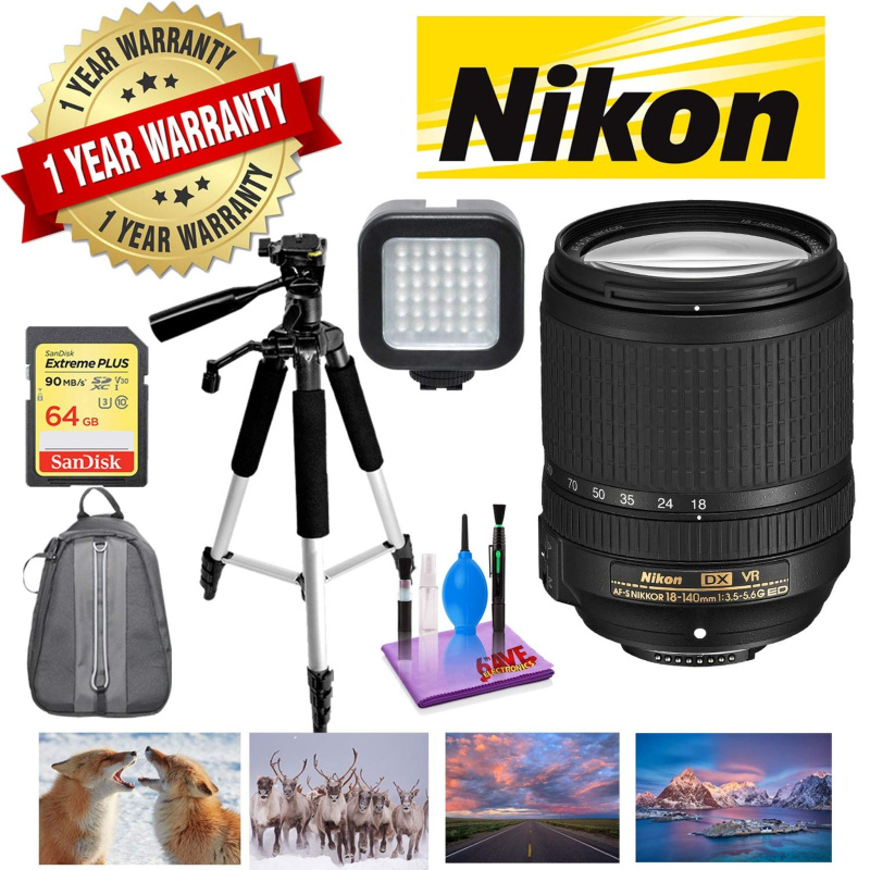 NIKON 18-140MM F/3.5-5.6G ED AF-S DX VR Lens with 1 Year Warranty, Sandisk 64GB Memory, Portable LED Light, and Deluxe P