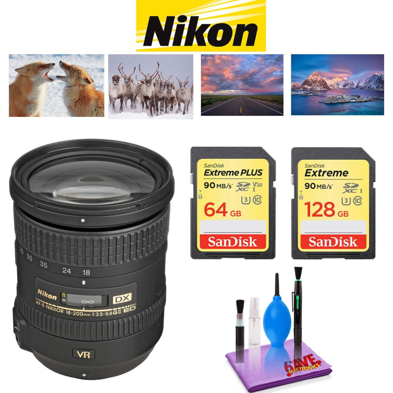 NIKON 18-200MM F/3.5-5.6G ED AF-S DX VR II Lens with Sandisk 64GB and 128GB Extreme Memory Card SDXCUHS-I Bundle