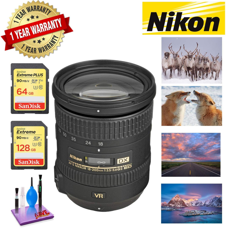 NIKON 18-200MM F/3.5-5.6G ED AF-S DX VR II Lens with 1 Year Warranty Sandisk 64GB and 128GB Extreme Memory Card Bundle