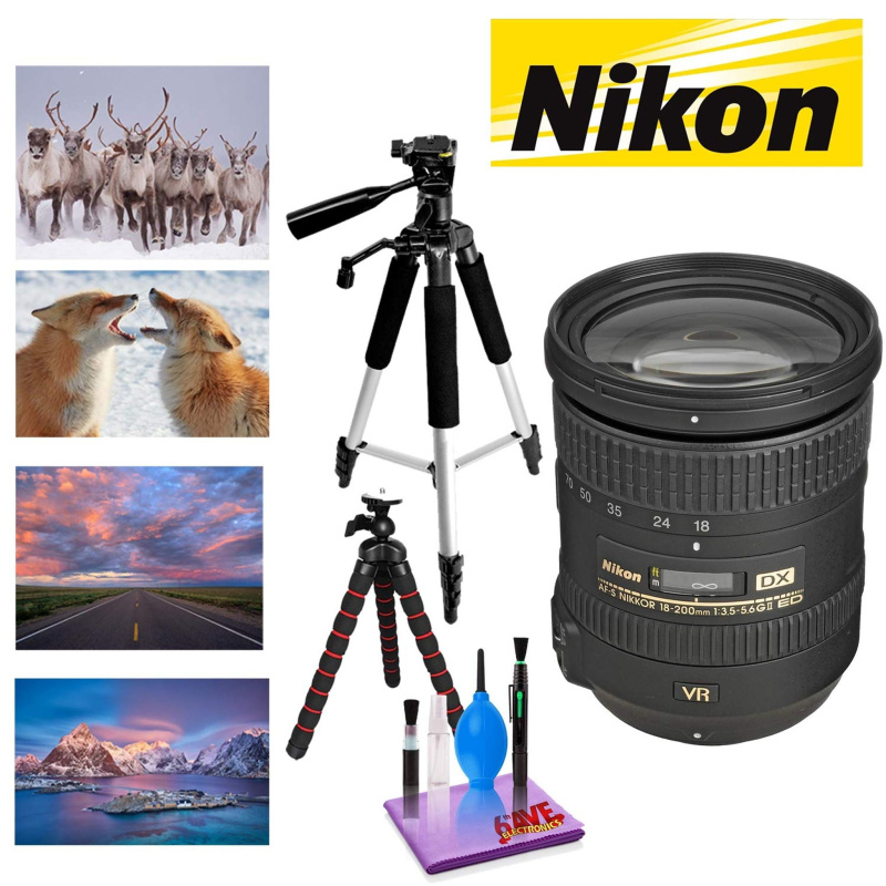 NIKON 18-200MM F/3.5-5.6G ED AF-S DX VR II Lens with 12 in Flexible Tripod and 72 in Professional Heavy Aluminum Tripod Bundle