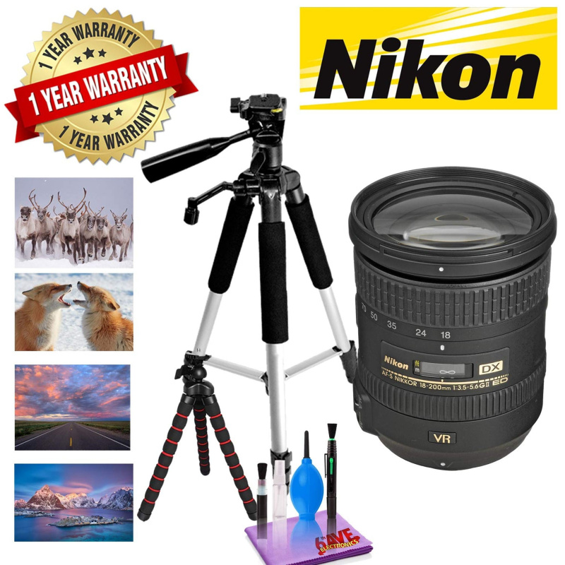 NIKON 18-200MM F/3.5-5.6G ED AF-S DX VR II Lens with 1 Year Warranty, 12 in Flexible Tripod and 72 in Professional Bundle