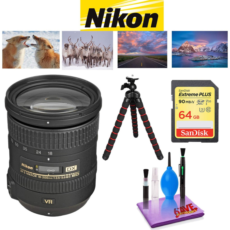 NIKON 18-200MM F/3.5-5.6G ED AF-S DX VR II Lens with Sandisk 64 GB Memory Card, Deluxe Camera Backpack Bundle