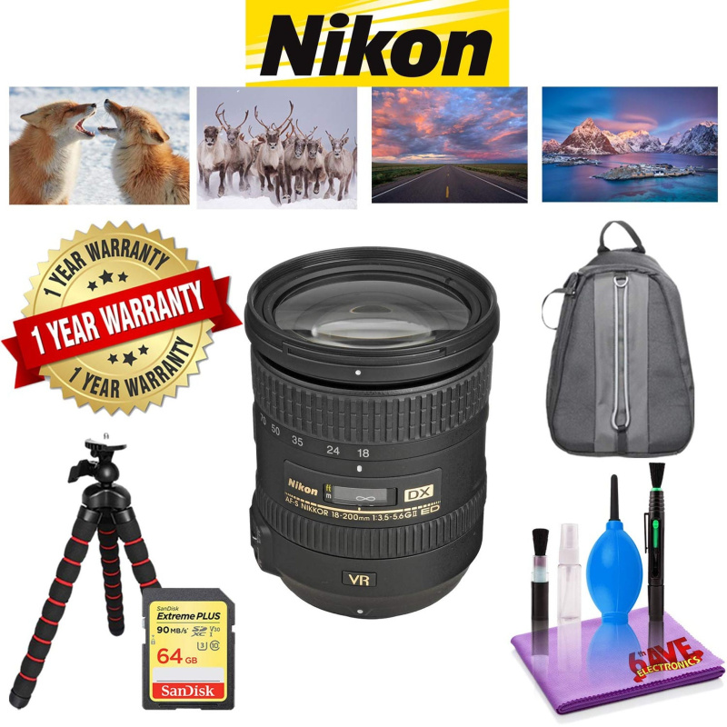 NIKON 18-200MM F/3.5-5.6G ED AF-S DX VR II Lens with 1 Year Warranty, Sandisk 64 GB Memory Card, Deluxe Camera Backpack Bundle