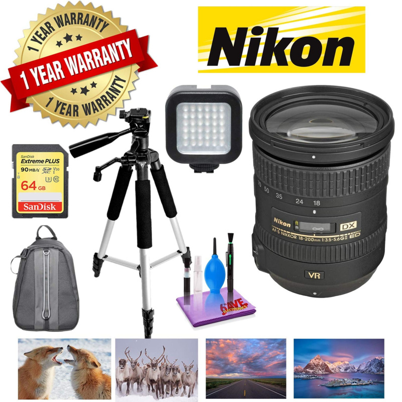 NIKON 18-200MM F/3.5-5.6G ED AF-S DX VR II Lens with 1 Year Warranty, Sandisk 64GB Memory, Portable LED Light Deluxe Bundle