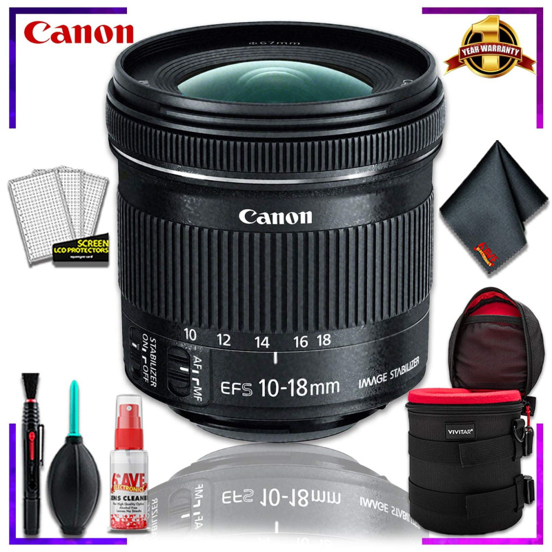 Canon EF-S 10-18mm f.4.5-5.6 is STM Lens (International Model) + 4.5 inch Vivitar Premium Lens Case + Cleaning Kit