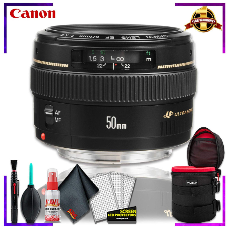 Canon EF 50 1.4 USM 58MM Lens + 4.5 inch Vivitar Premium Lens Case + Cleaning Kit (International Model)