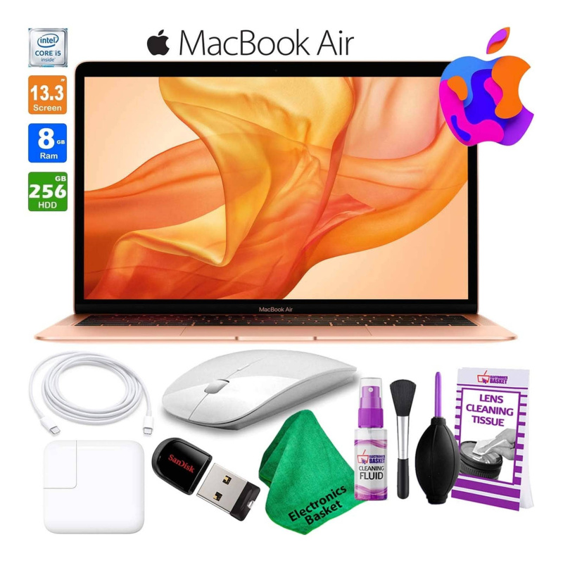 13 Inch MacBook Air w/ Retina Display 256GB SSD (Late 2018, Gold) MREF2LL/A Laptop Computer Best Value Bundle Includes Wireless Mouse, USB Flash Drive