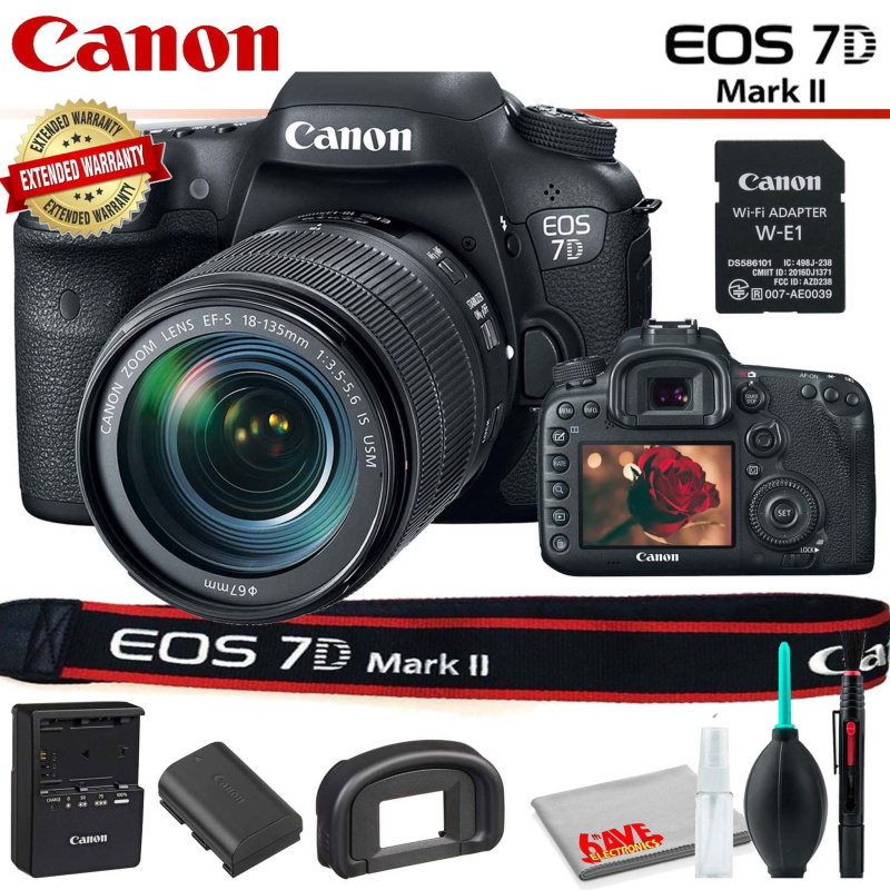 Canon EOS 7D Mark II DSLR Camera (Intl Model) with 18-135mm Lens & W-E1 Wi-Fi Adapter With Cleaning Kit and Extended Warranty (International Model)
