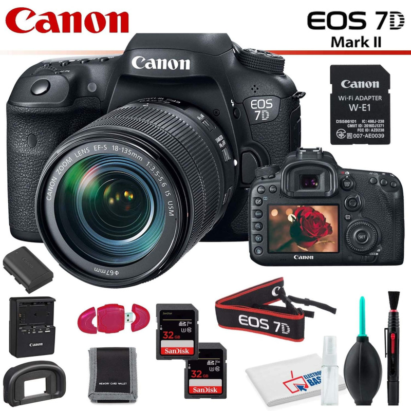 Canon EOS 7D Mark II DSLR Camera (Intl Model) with 18-135mm Lens & W-E1 Wi-Fi Adapter With Memory Card Kit and Cleaning Kit (International Model)