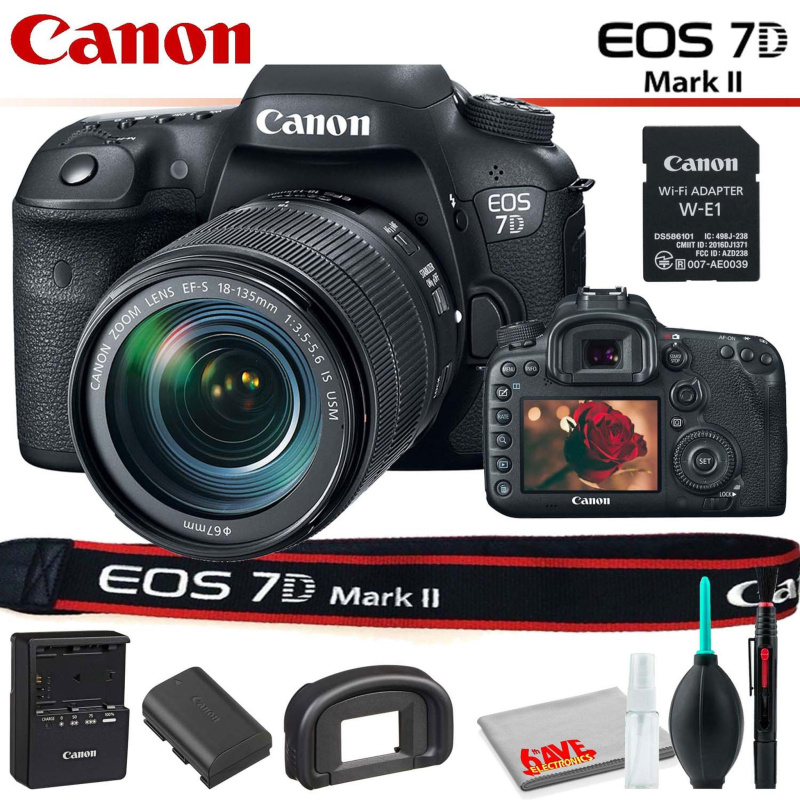 Canon EOS 7D Mark II DSLR Camera with 18-135mm Lens & W-E1 Wi-Fi Adapter With Cleaning Kit (International Model)