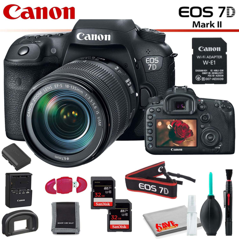 Canon EOS 7D Mark II DSLR Camera with 18-135mm Lens & W-E1 Wi-Fi Adapter With Memory Card Kit and Cleaning Kit (International Model)