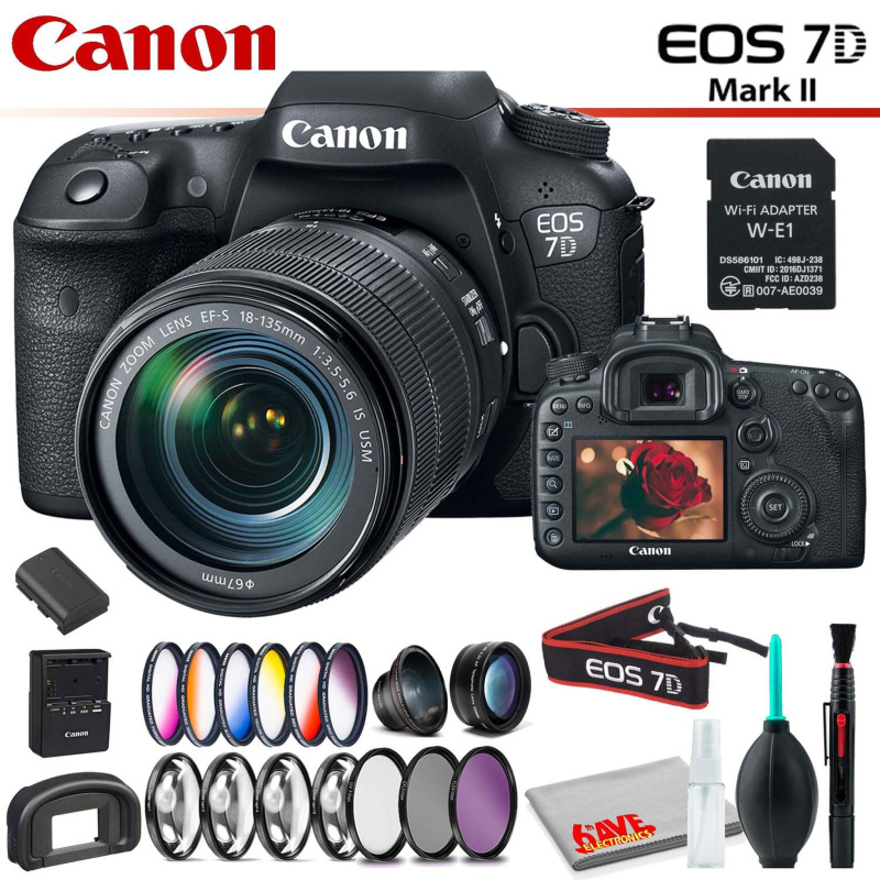 Canon EOS 7D Mark II DSLR Camera with 18-135mm Lens & W-E1 Wi-Fi Adapter With Filter Kit and Cleaning Kit (International Model)