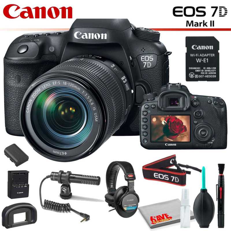 Canon EOS 7D Mark II DSLR Camera with 18-135mm Lens & W-E1 Wi-Fi Adapter With Studio Headphones, Condenser Microphone (International Model)