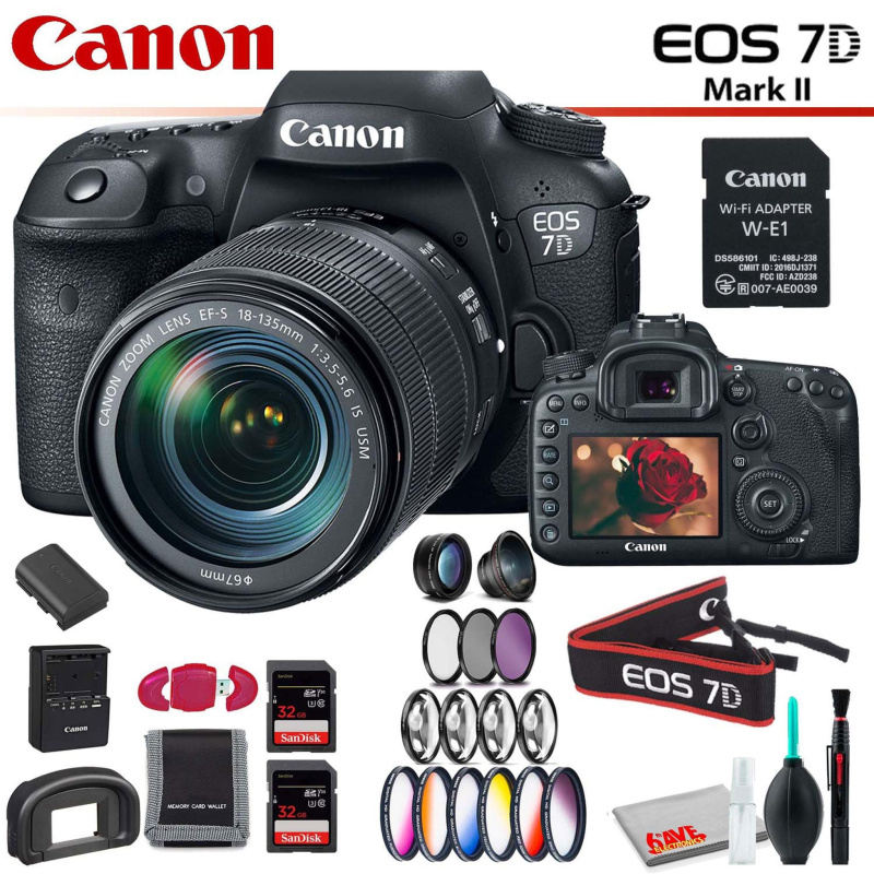 Canon EOS 7D Mark II DSLR Camera with 18-135mm Lens & W-E1 Wi-Fi Adapter With Memory Card Kit, Filter Kit and Cleaning Kit (International Model)