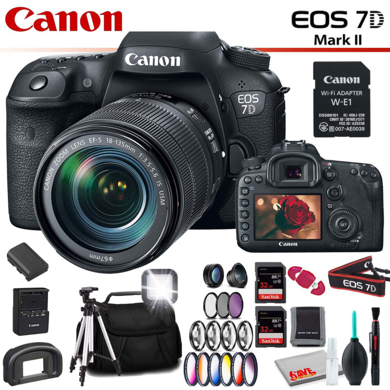 Canon EOS 7D Mark II DSLR Camera with 18-135mm Lens & W-E1 Wi-Fi Adapter With Memory Card Kit (International Model)