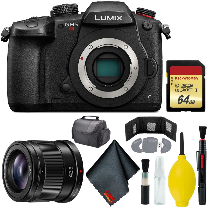 Panasonic Lumix DC-GH5S Mirrorless Micro Four Thirds Digital Camera - Cleaning Kit - 64GB - Card Wallet & Reader - CASE - Panasonic 42.5mm f/1.7 O.I.S