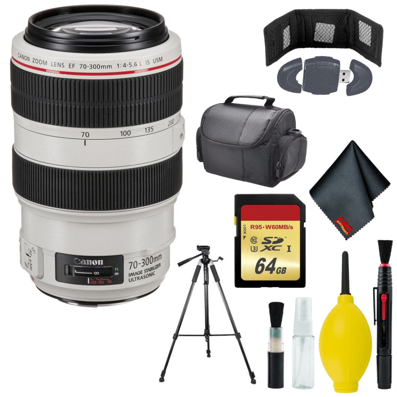 Canon EF 70-300mm f/4-5.6L IS USM Lens - Cleaning Kit - Memory Card Wallet & Reader - 64GB - CASE - 72" Tripod (International Model)