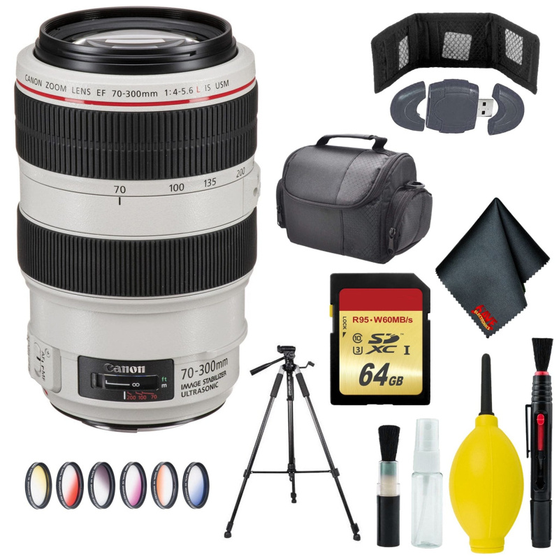 Canon EF 70-300mm f/4-5.6L IS USM Lens - Memory Card Wallet & Reader - 64GB - CASE - 72" Tripod - Vivitar 67mm Color Filter Set (International Model)