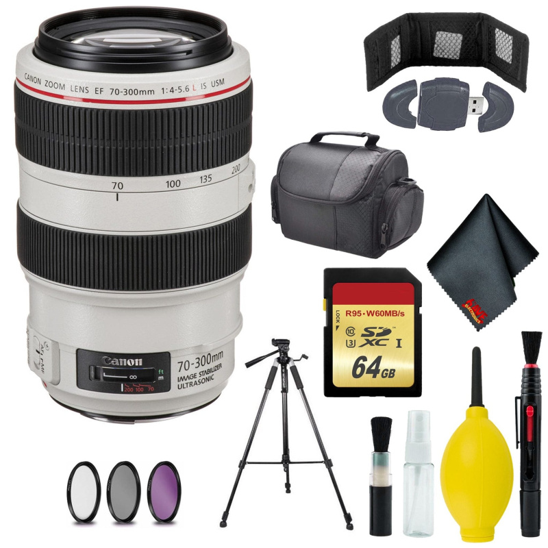 Canon EF 70-300mm f/4-5.6L IS USM Lens - Memory Card Wallet & Reader - 64GB - CASE - 72" Tripod - 67mm 3 Piece Filter Kit (International Model)