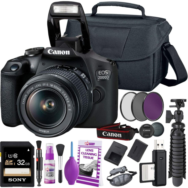 Canon Rebel T7 DSLR Camera (2000D) with EF-S 18-55 mm f/3.5-5.6 Lens + 32GB Memory Card + Camera Bag + Cleaning Kit + Table Tripod + Filters (Internat